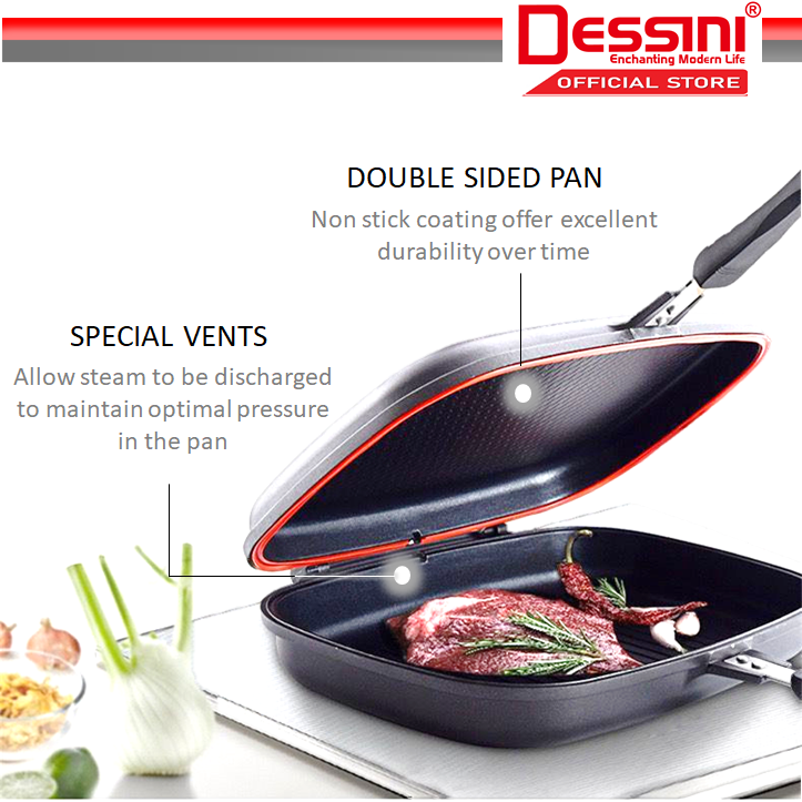 DESSINI ITALY Granite Aluminium Non Stick Double Sided Pressure Grill Fry Pan Cookware Tool