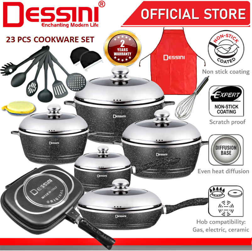 DESSINI ITALY Granite Aluminium Non Stick Casserole Pot Bowl Double Sided  Grill Fry Pan Cookware Tool (23 Pcs) SSL-23-S