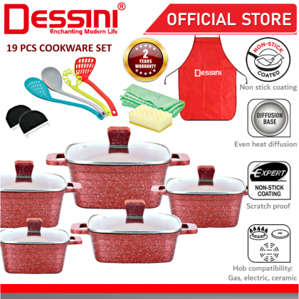 DESSINI ITALY Granite Aluminium Non Stick Casserole Pot Bowl Deep Fry Pan  Cookware Tool (19 Pcs) GL-19S-S