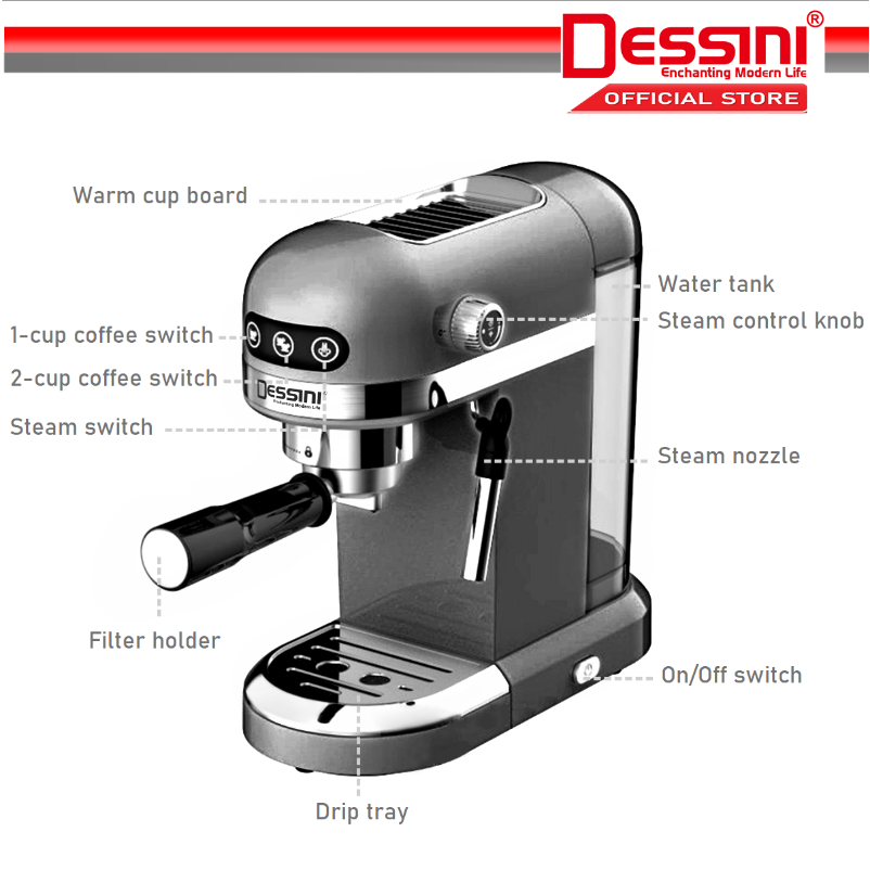 DESSINI ITALY 20 Bar 1.4L Espresso Coffee Maker Brew Froth Cappuccino