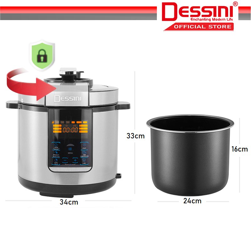 DESSINI ITALY 14 IN Electric Digital Pressure Cooker Non-stick Stainless  Steel Inner Pot Rice Cooker Steamer (6L) PC-1000