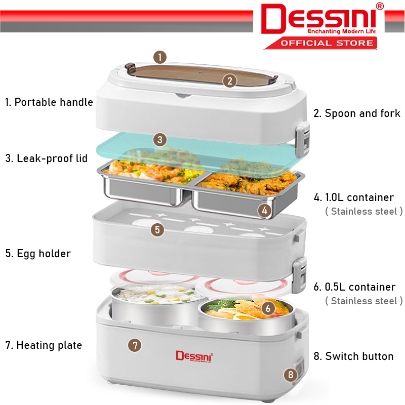 DESSINI ITALY 2L Electric Rice Cooker Lunch Box Non Stick Stainless Steel Inner Pot with Steamer