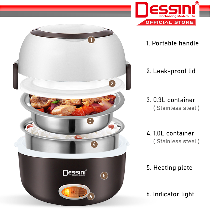 DESSINI ITALY 1.3L Electric Rice Cooker Lunch Box Non Stick Stainless Steel Inner Pot with