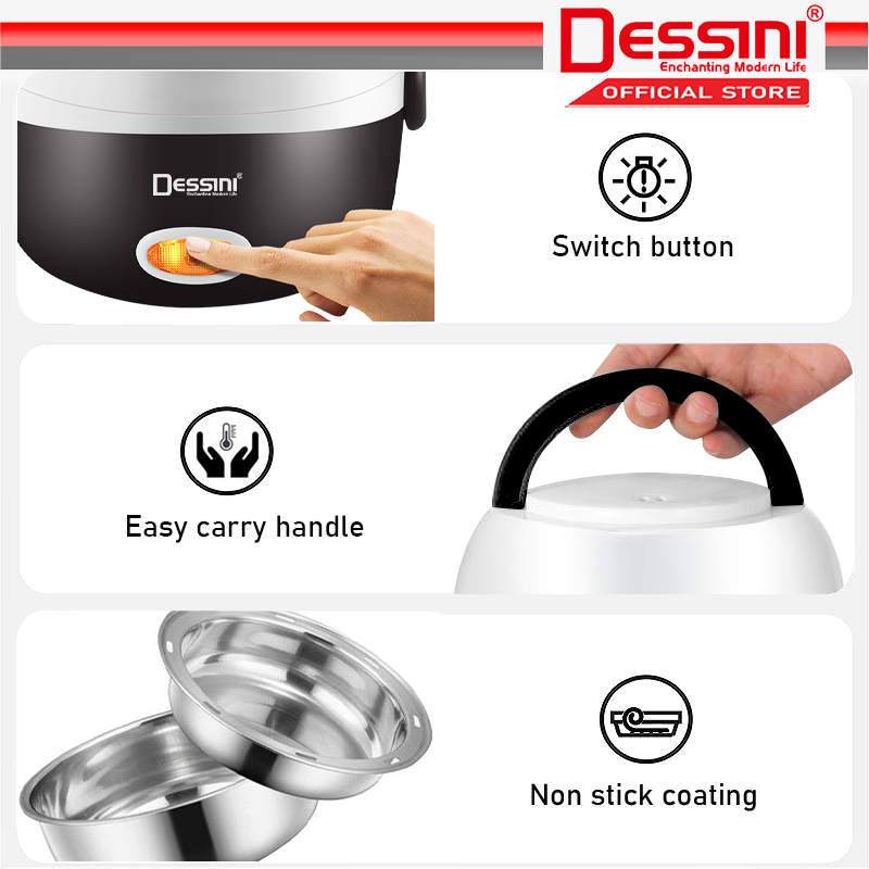 DESSINI ITALY 1.3L Electric Rice Cooker Lunch Box Non Stick Stainless Steel Inner Pot with